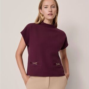 Ann Taylor Mock Neck Short Sleeve Top in Plum with Gold Horsebit